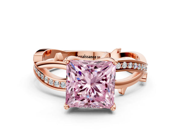 Rose Gold Princess Cut Crossover Twist Pave Engagement Ring Setting for Fancy Pink Center