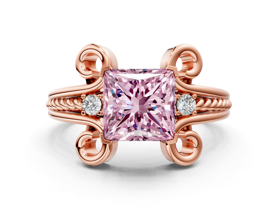 Rose gold Fancy Pink Princess  Solitaire Twisted Band Scroll Prong Ring_3