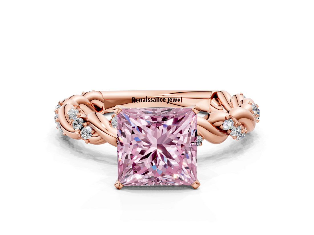 Rose gold Fancy Pink Princess  Solitaire Twisted Band with Pavé Accents and Four-Prong Setting
