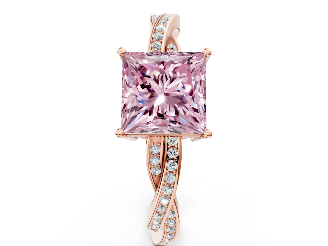 Rose gold Fancy Pink Princess  Solitaire Twisted Pave Diamond Ring with Four-Prong Setting_12