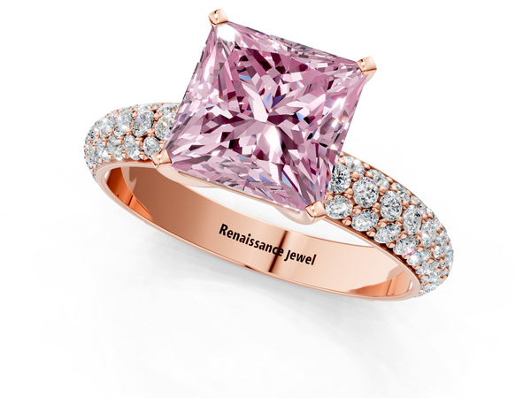 Rose gold Fancy Pink Princess  Diamond Solitaire Ring with Prong Setting and Pavé Band
