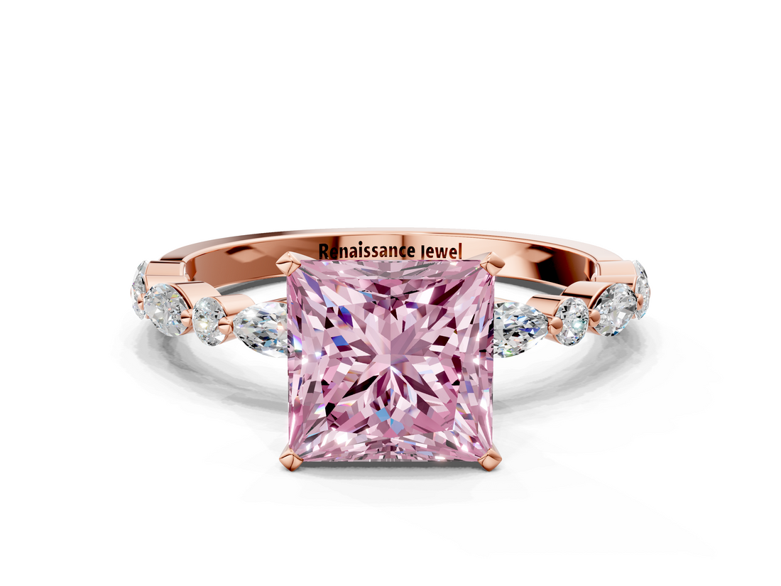 Rose gold Fancy Pink Princess  Solitaire with Side Stones on a Pavé Band and Four-Prong Setting