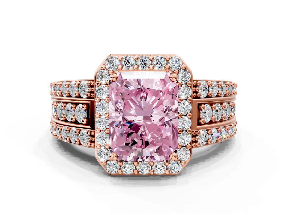 Rose gold Fancy Pink Radiant -Cut Halo Diamond Ring with Split Shank and Four-Prong Setting_71