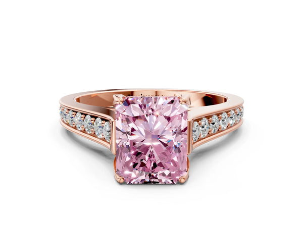 Rose gold Fancy Pink Radiant  Brilliant Cut Diamond Engagement Ring with Pavé Band and Four-Prong Setting