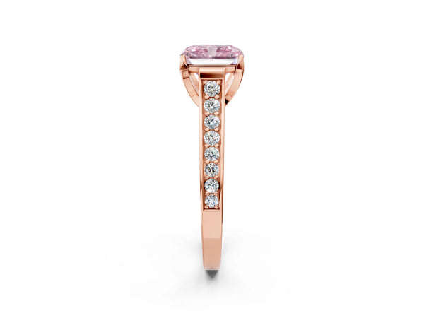 Rose gold Fancy Pink Radiant  Brilliant Cut Diamond Engagement Ring with Pavé Band and Four-Prong Setting