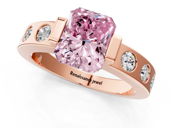 Rose gold Fancy Pink Radiant Cut Brilliant Channel-Set Diamond Ring with Bezel Prong Setting