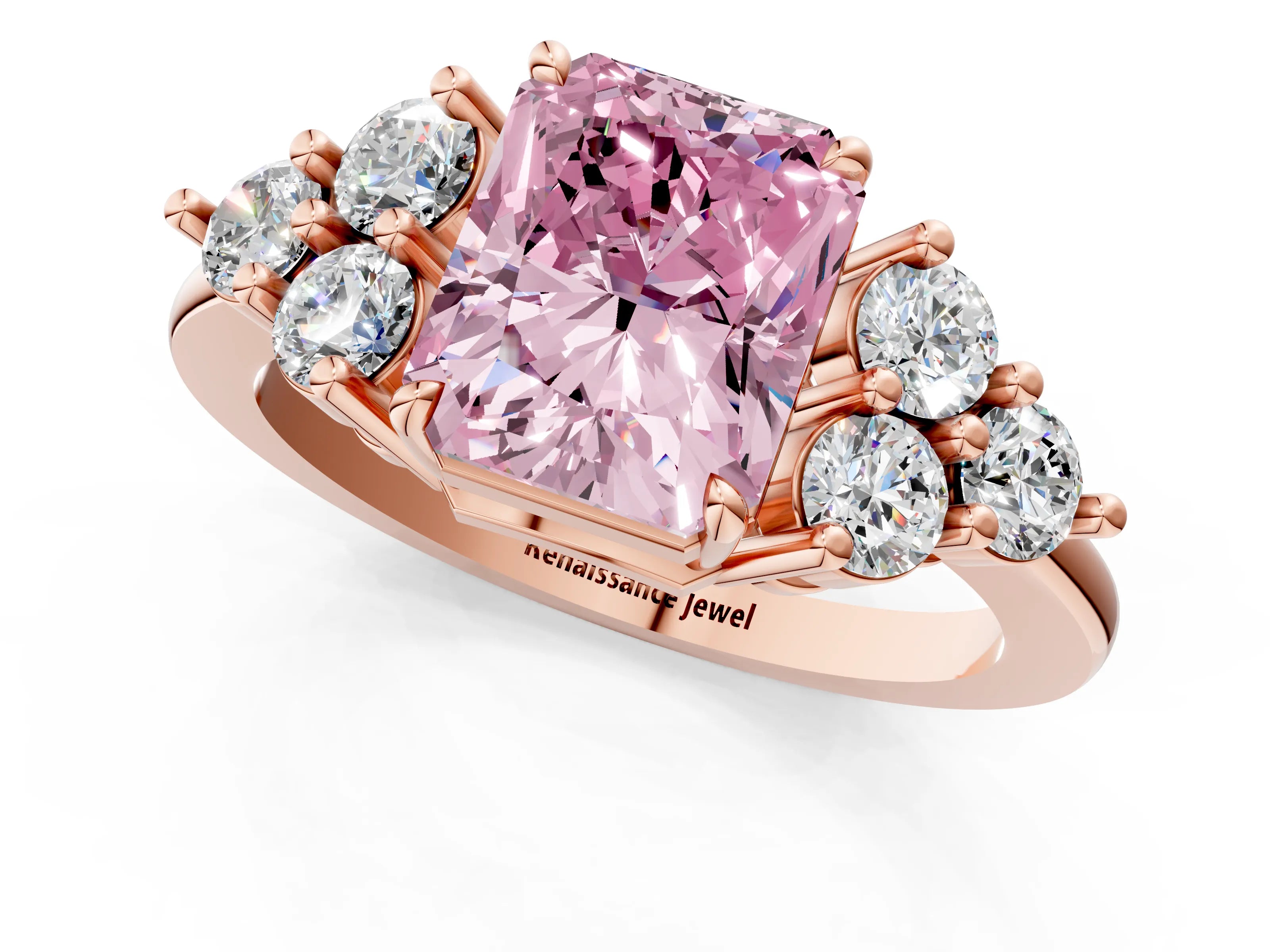 Rose gold Fancy Pink Radiant Cut Brilliant Diamond Cluster Accent Solitaire Ring with Prong Setting_1