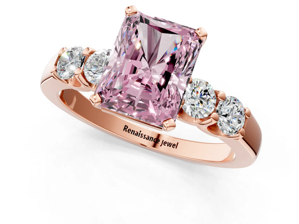 Rose gold Fancy Pink Radiant Cut Brilliant Diamond Five-Stone Engagement Ring with Prong Setting on a Classic Band