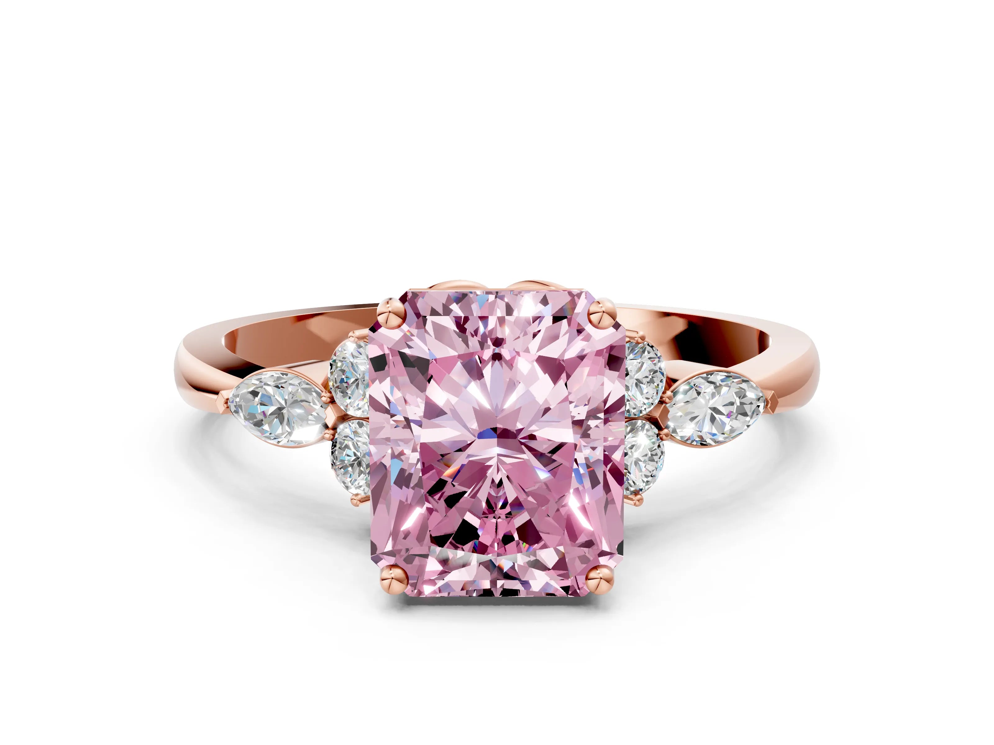 Rose gold Fancy Pink Radiant Cut Brilliant Diamond Solitaire Ring with Pear Side Stones and Four-Prong Setting_3