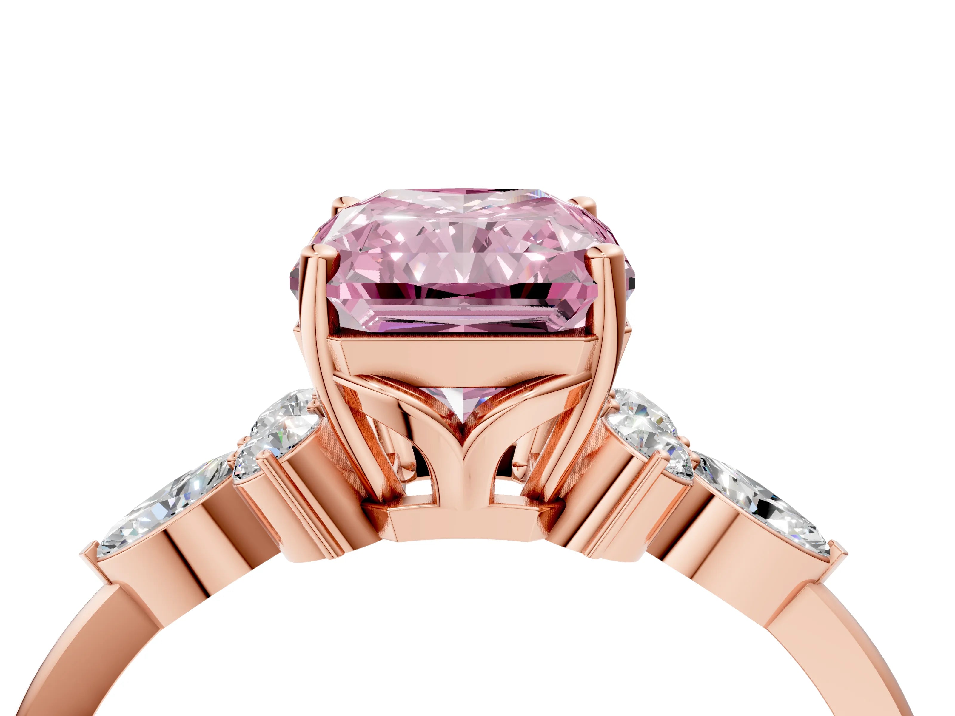Rose gold Fancy Pink Radiant Cut Brilliant Diamond Solitaire Ring with Pear Side Stones and Four-Prong Setting_7