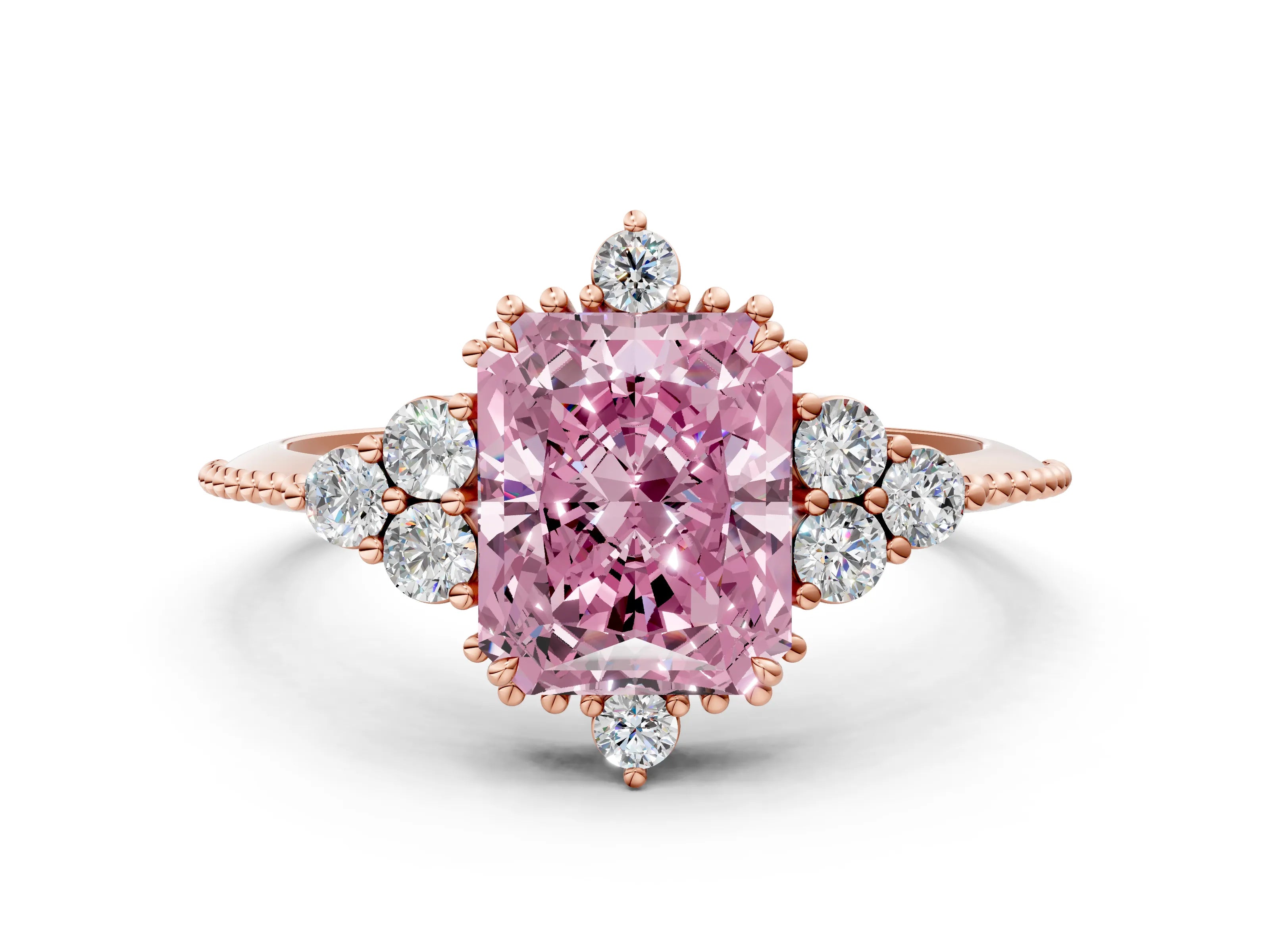 Rose gold Fancy Pink Radiant Cut Brilliant Diamond with Cluster Setting on a Beaded Band and Four-Prong Setting