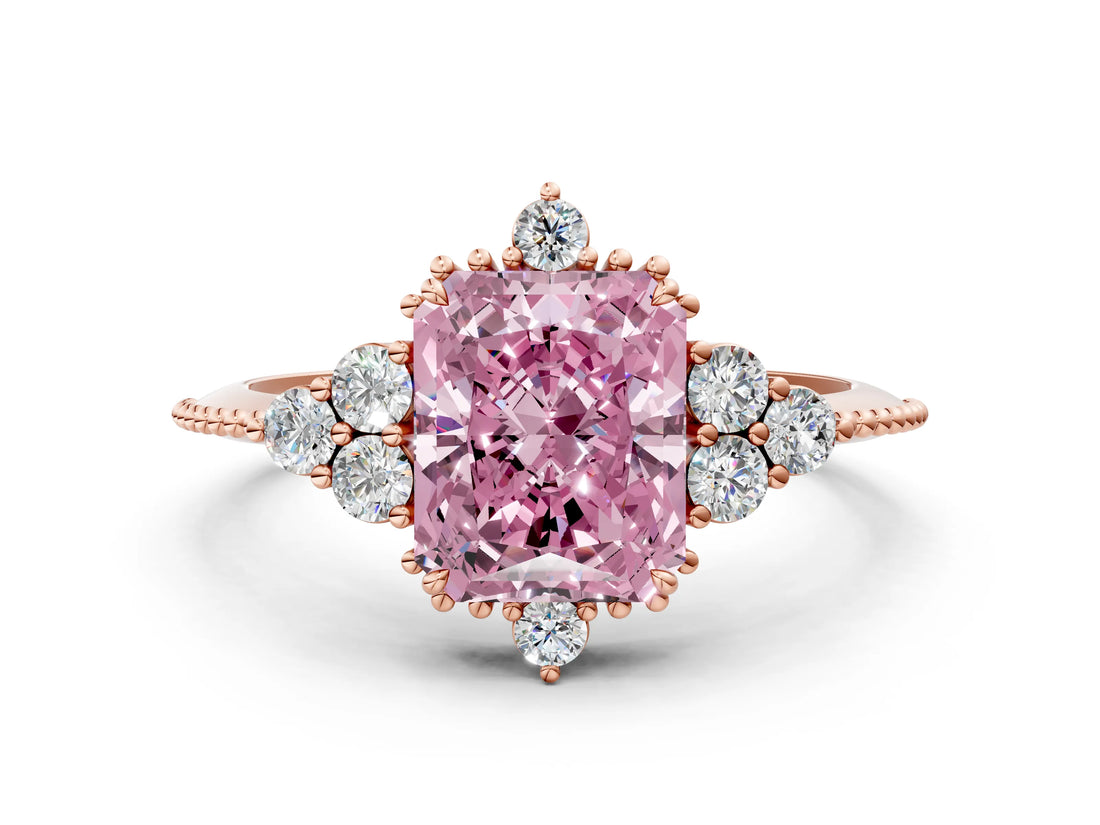 Rose gold Fancy Pink Radiant Cut Brilliant Diamond with Cluster Setting on a Beaded Band and Four-Prong Setting