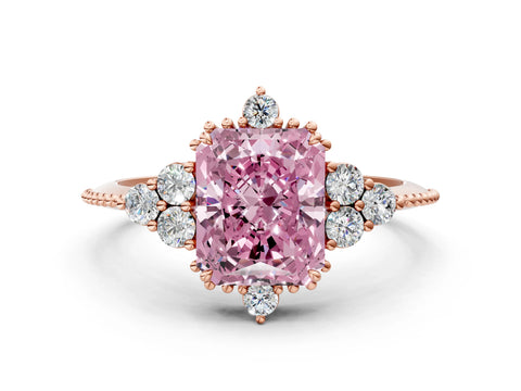 Rose gold Fancy Pink Radiant Cut Brilliant Diamond with Cluster Setting on a Beaded Band and Four-Prong Setting