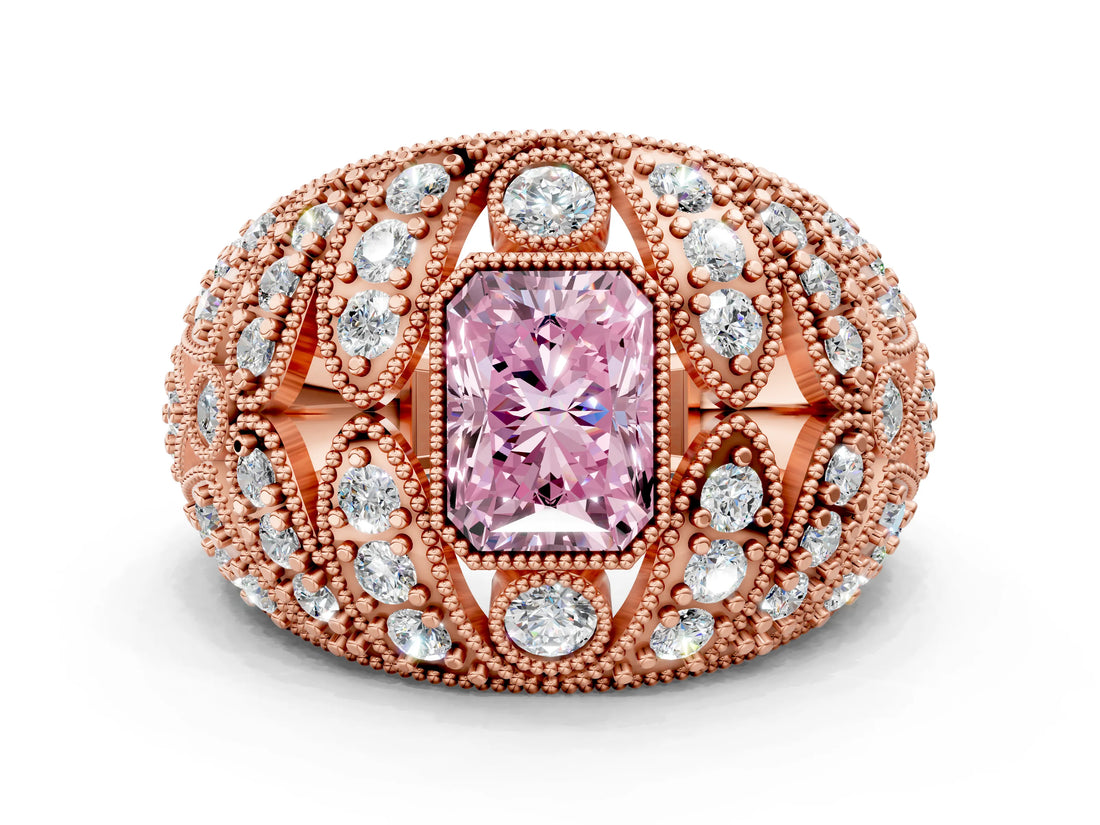 Rose gold Fancy Pink Radiant Cut Brilliant Halo Pave Diamond Milgrain Ring