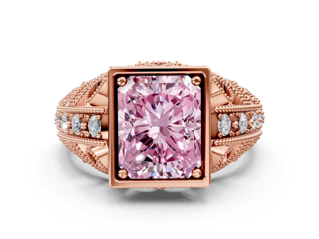 Rose gold Fancy Pink Radiant Cut Brilliant Milgrain Filigree Diamond Ring with Square Prong Setting