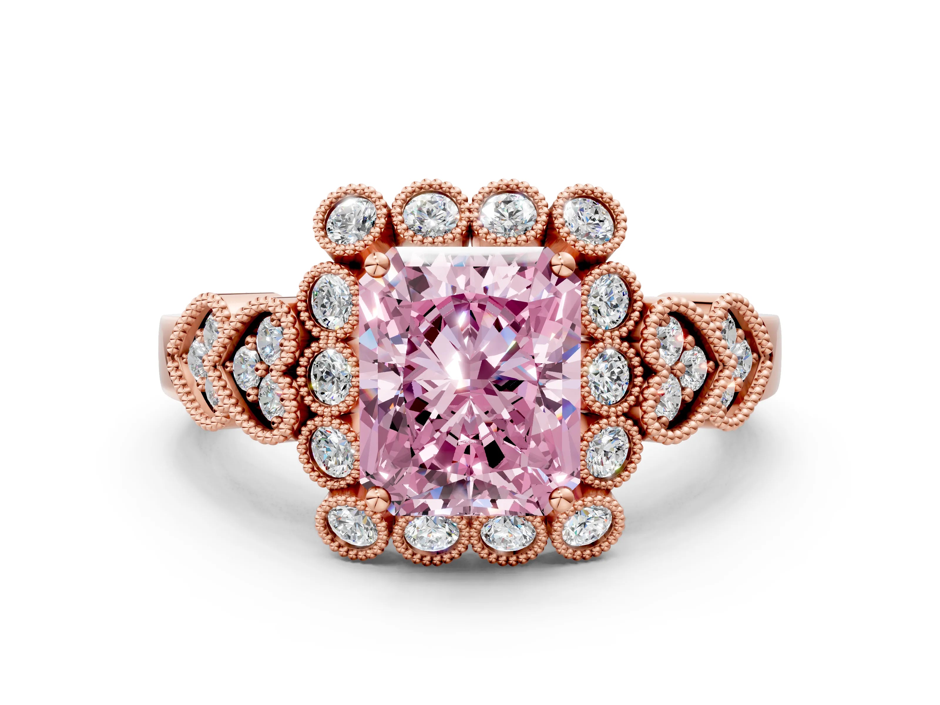Rose gold Fancy Pink Radiant Cut Brilliant Milgrain Pave Heart Band Solitaire Ring
