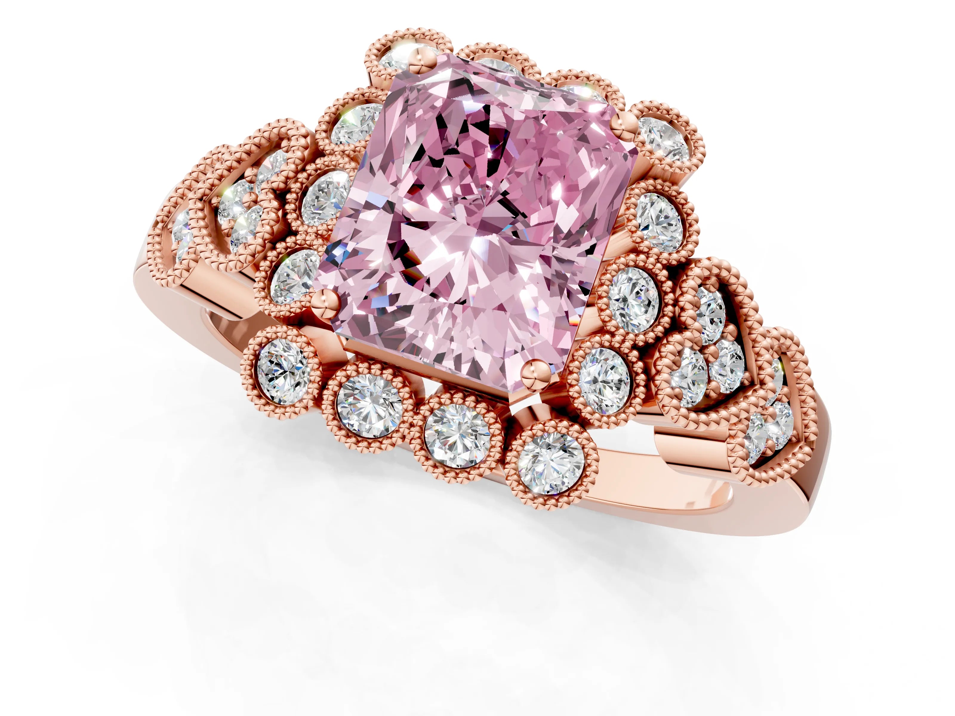 Rose gold Fancy Pink Radiant Cut Brilliant Milgrain Pave Heart Band Solitaire Ring_1