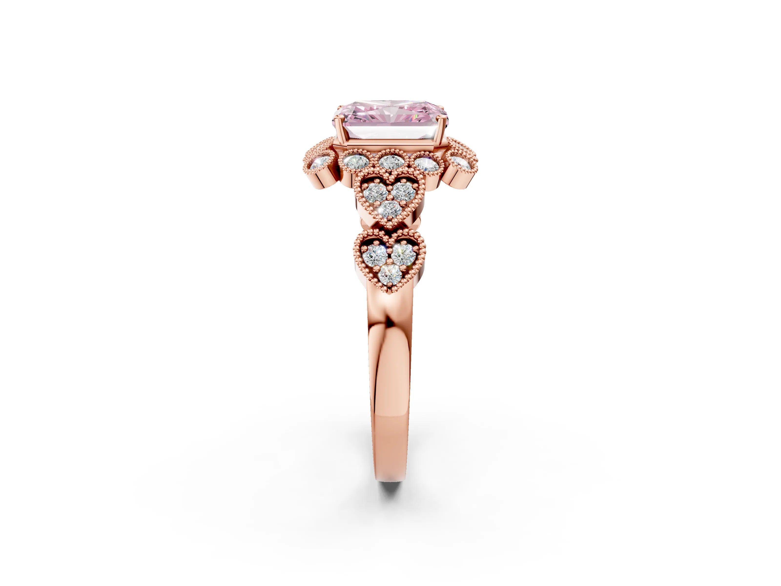 Rose gold Fancy Pink Radiant Cut Brilliant Milgrain Pave Heart Band Solitaire Ring_2