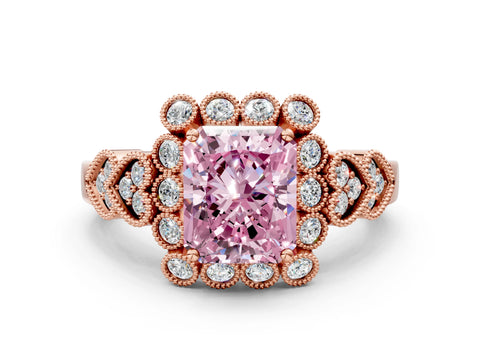 Rose gold Fancy Pink Radiant Cut Brilliant Milgrain Pave Heart Band Solitaire Ring