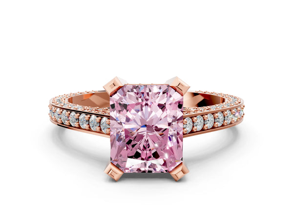 Rose gold Fancy Pink Radiant Cut Brilliant Split Shank Pave Solitaire Ring with Four-Prong Setting