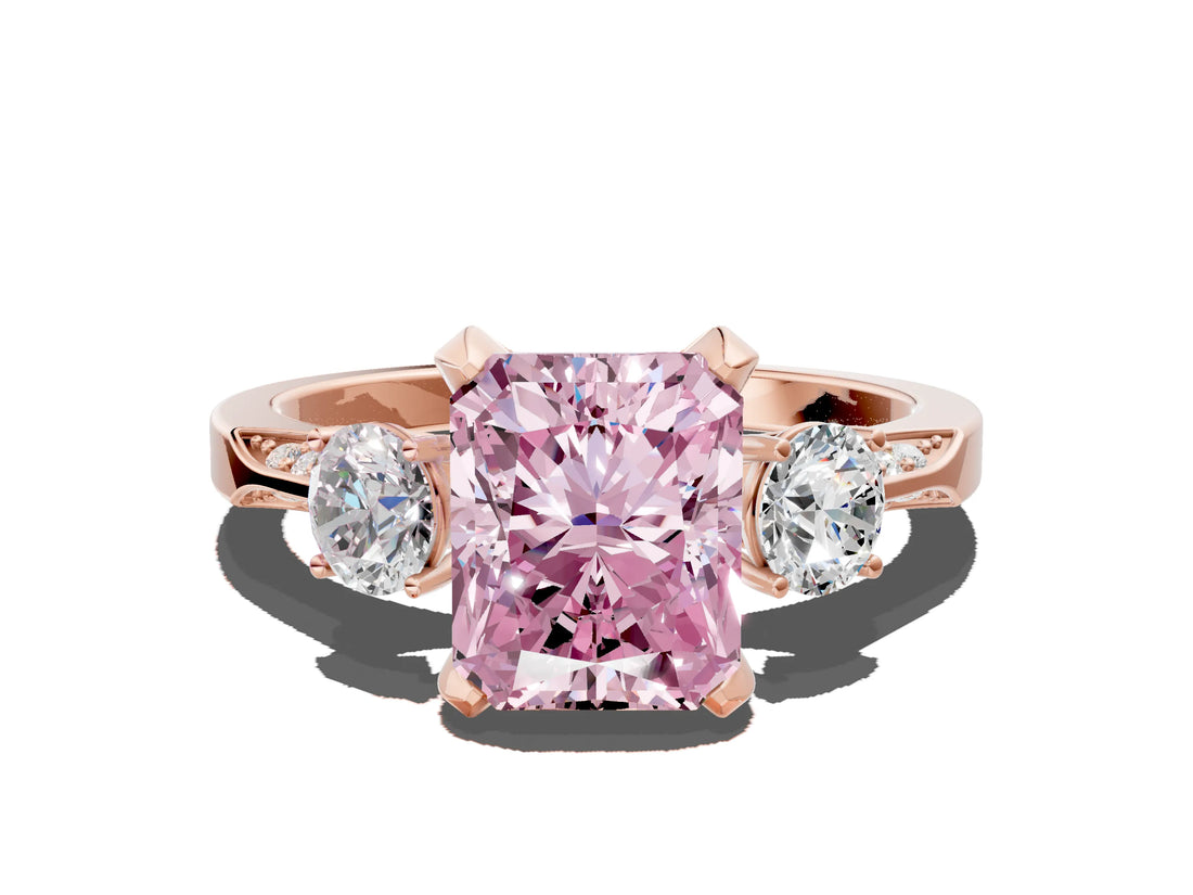 Rose gold Fancy Pink Radiant Cut Brilliant Three-Stone Diamond Ring with Pavé Band and Four-Prong Setting_3