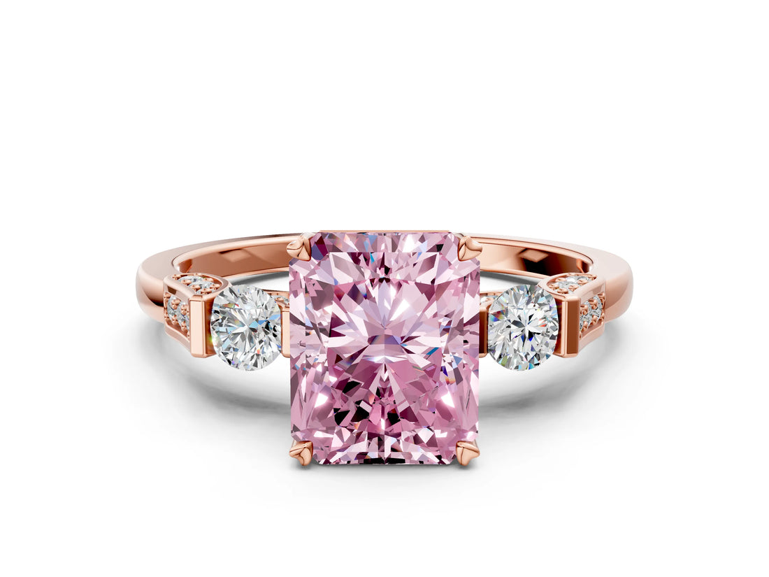 Rose gold Fancy Pink Radiant Cut Brilliant Three-Stone Pave Band with Four-Prong Setting