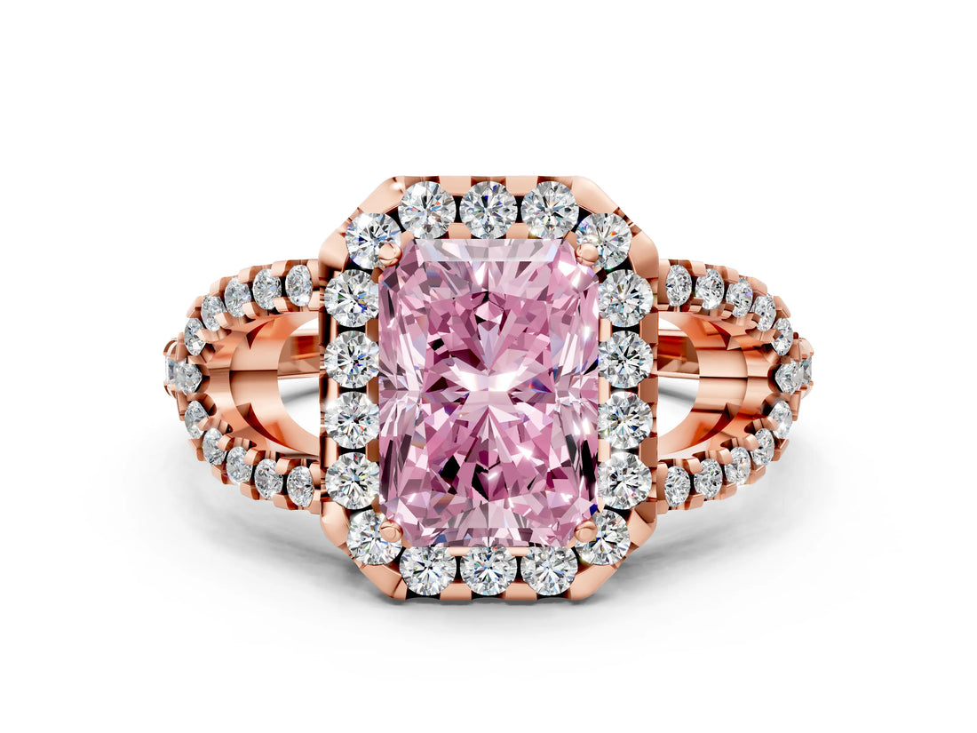 Rose gold Fancy Pink Radiant Cut Cut Diamond Halo Engagement Ring with Open Split Pavé Band