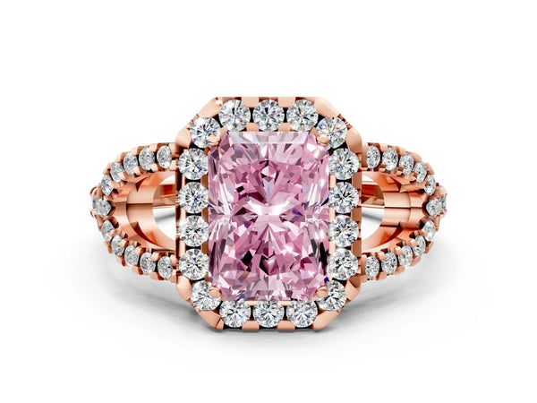Rose Gold Radiant Cut Split Shank Pave Halo Engagement Ring Setting for Fancy Pink Center