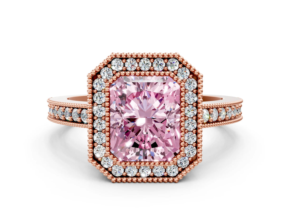 Rose gold Fancy Pink Radiant Cut-Cut Diamond Halo Engagement Ring with Pave Band and Prong Setting