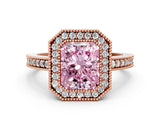 Rose gold Fancy Pink Radiant Cut-Cut Diamond Halo Engagement Ring with Pave Band and Prong Setting