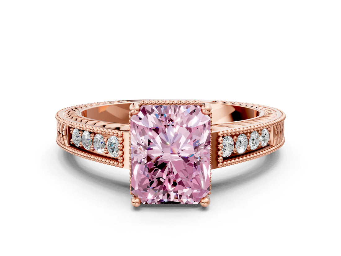 Rose gold Fancy Pink Radiant Cut Cut Diamond Milgrain Pave Band Four-Prong Setting Ring_3