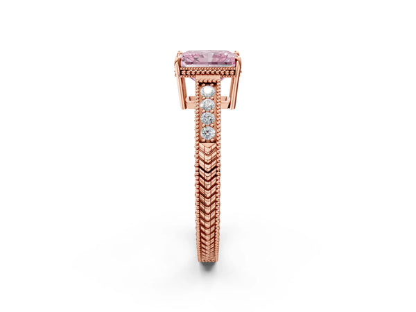 Rose gold Fancy Pink Radiant Cut Cut Diamond Milgrain Pave Band Four-Prong Setting Ring