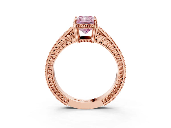 Rose gold Fancy Pink Radiant Cut Cut Diamond Milgrain Pave Band Four-Prong Setting Ring