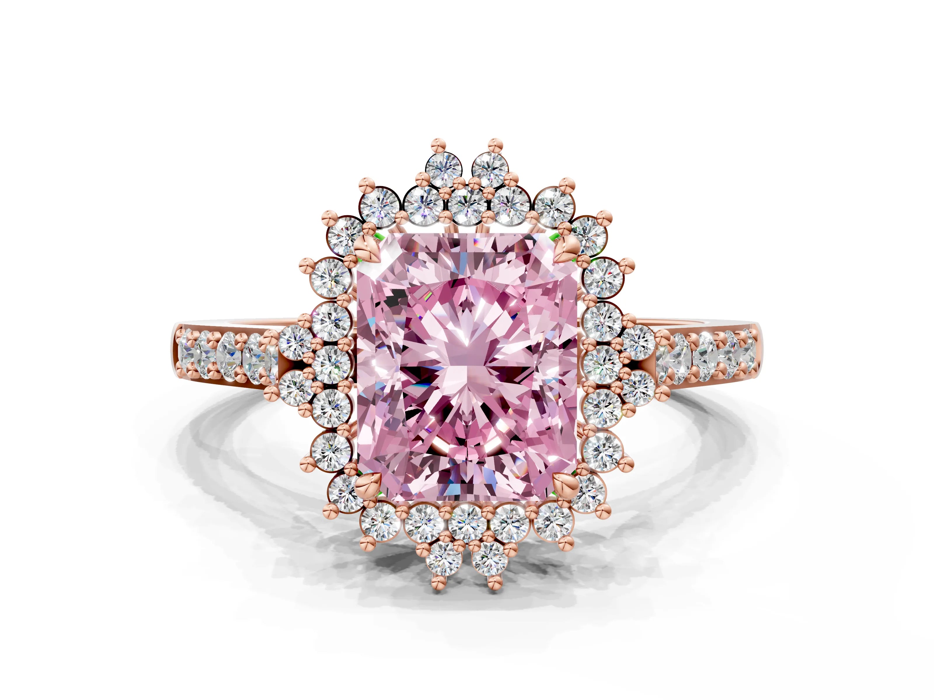 Rose gold Fancy Pink Radiant Cut Cut Diamond Sunburst Halo Engagement Ring with Pavé Band
