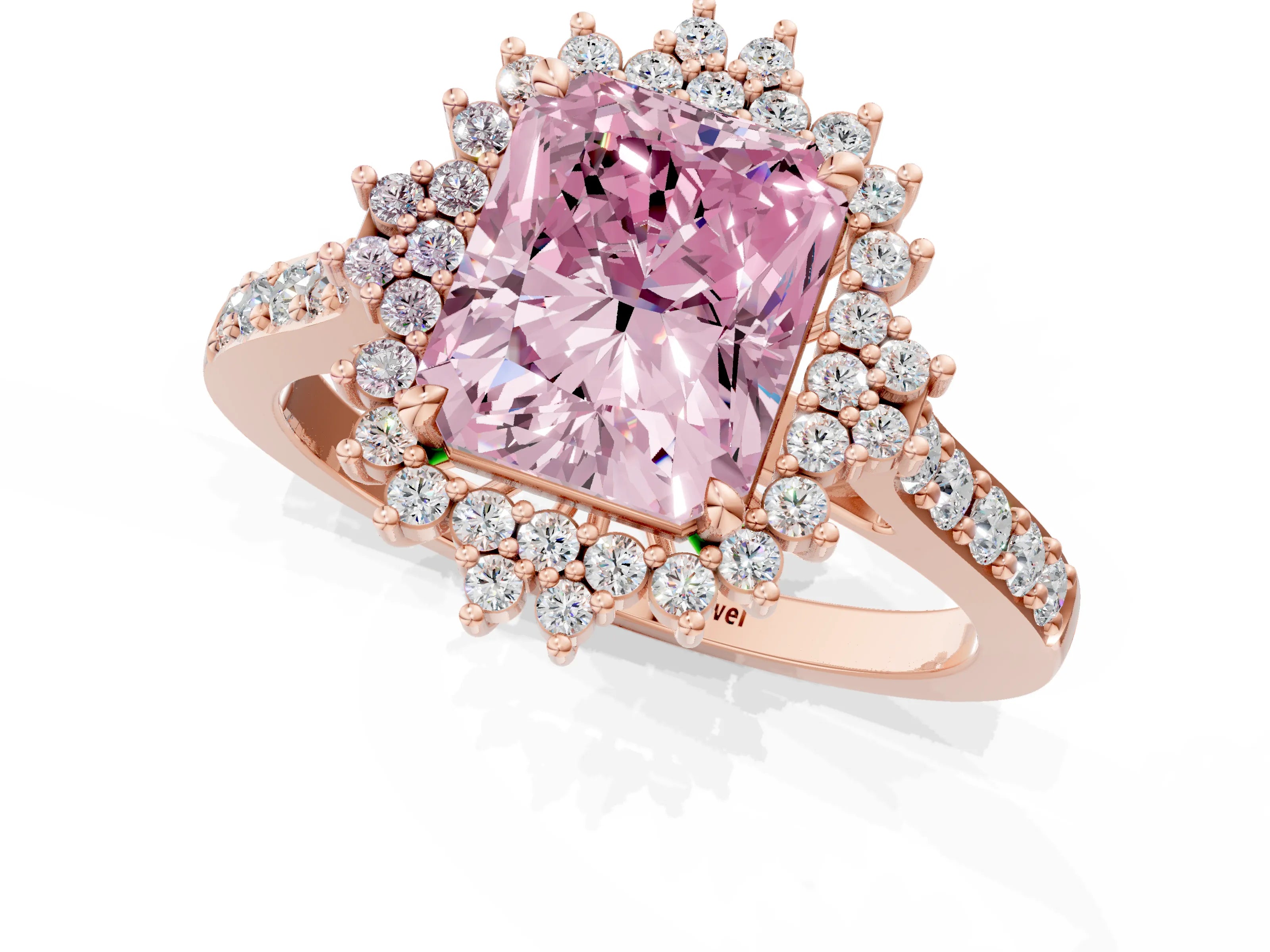 Rose gold Fancy Pink Radiant Cut Cut Diamond Sunburst Halo Engagement Ring with Pavé Band_1