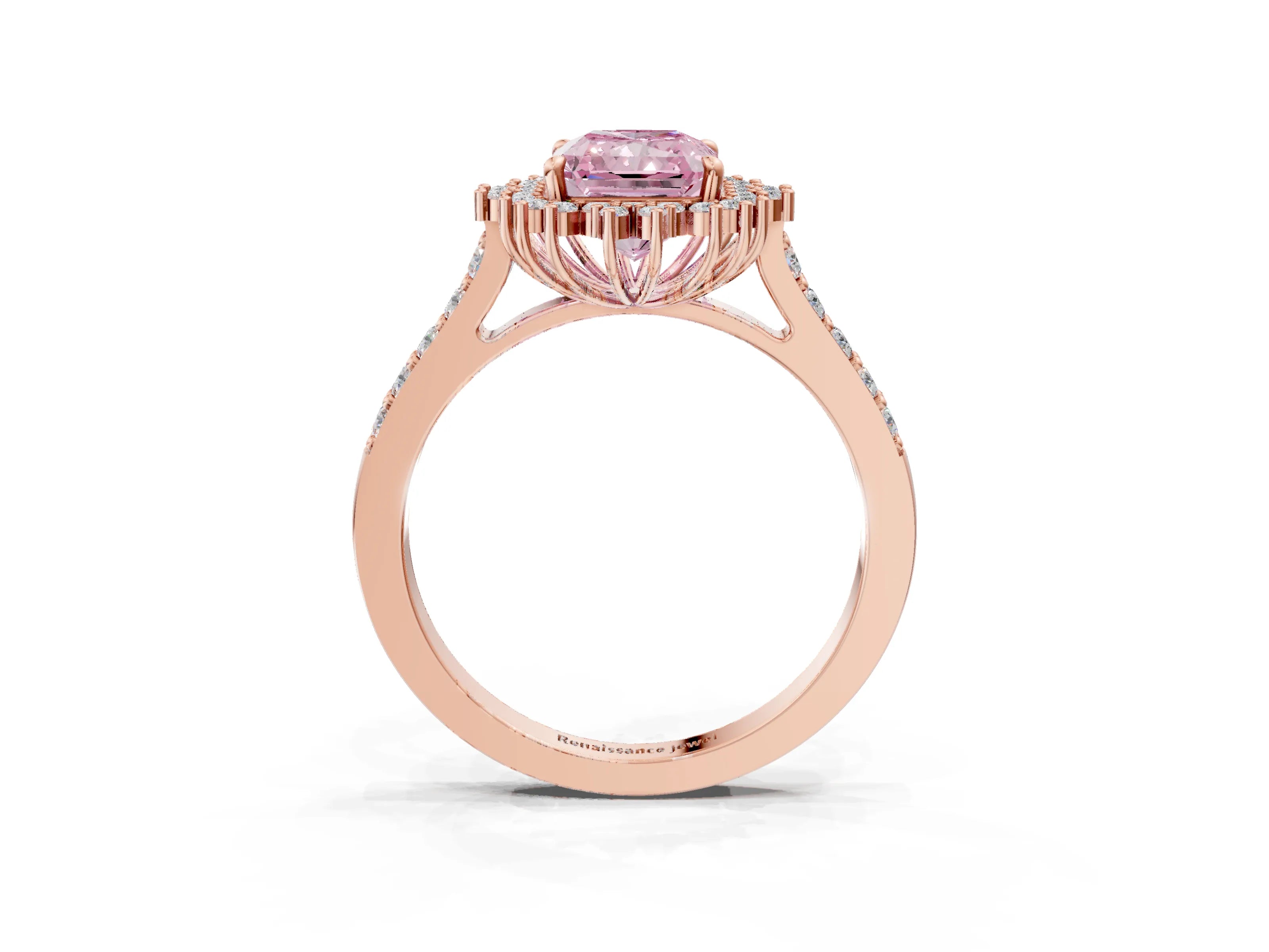Rose gold Fancy Pink Radiant Cut Cut Diamond Sunburst Halo Engagement Ring with Pavé Band_3