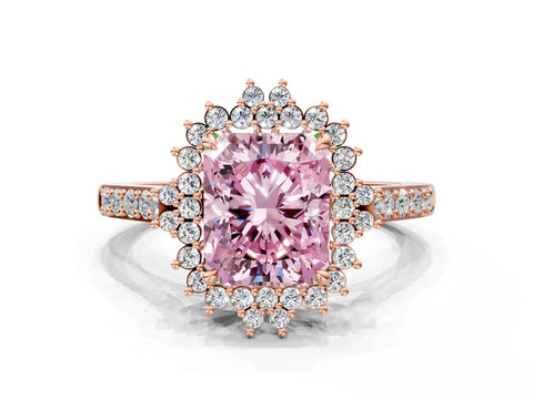 Rose gold Fancy Pink Radiant Cut Cut Diamond Sunburst Halo Engagement Ring with Pavé Band