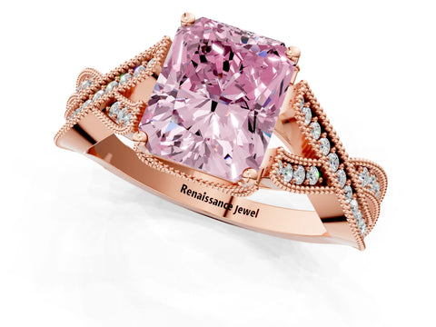 Rose gold Fancy Pink Radiant Cut Cut Diamond Twisted Band with Milgrain Pave Setting and Four-Prong Setting_1