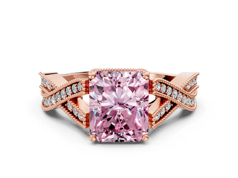 Rose gold Fancy Pink Radiant Cut Cut Diamond Twisted Band with Milgrain Pave Setting and Four-Prong Setting