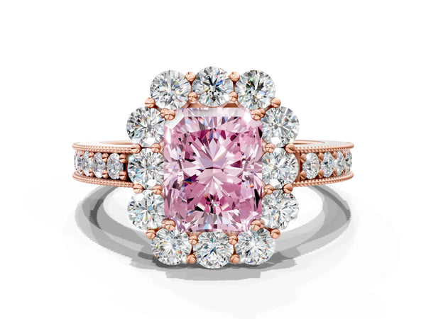 Rose gold Fancy Pink Radiant Cut Cut Halo Diamond Pavé Engagement Ring with Milgrain Detailing