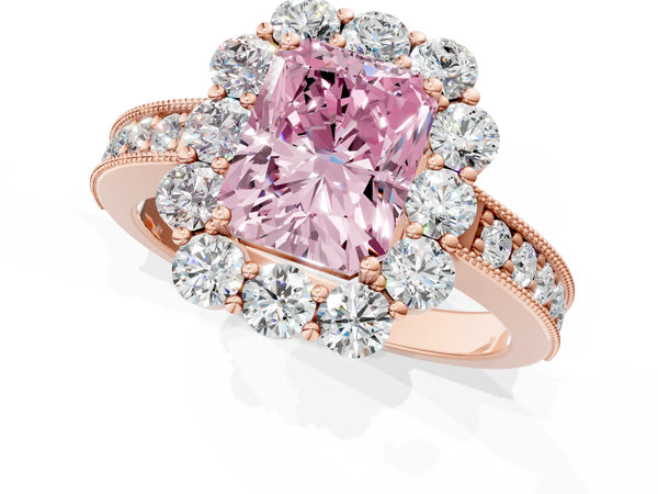 Rose gold Fancy Pink Radiant Cut Cut Halo Diamond Pavé Engagement Ring with Milgrain Detailing