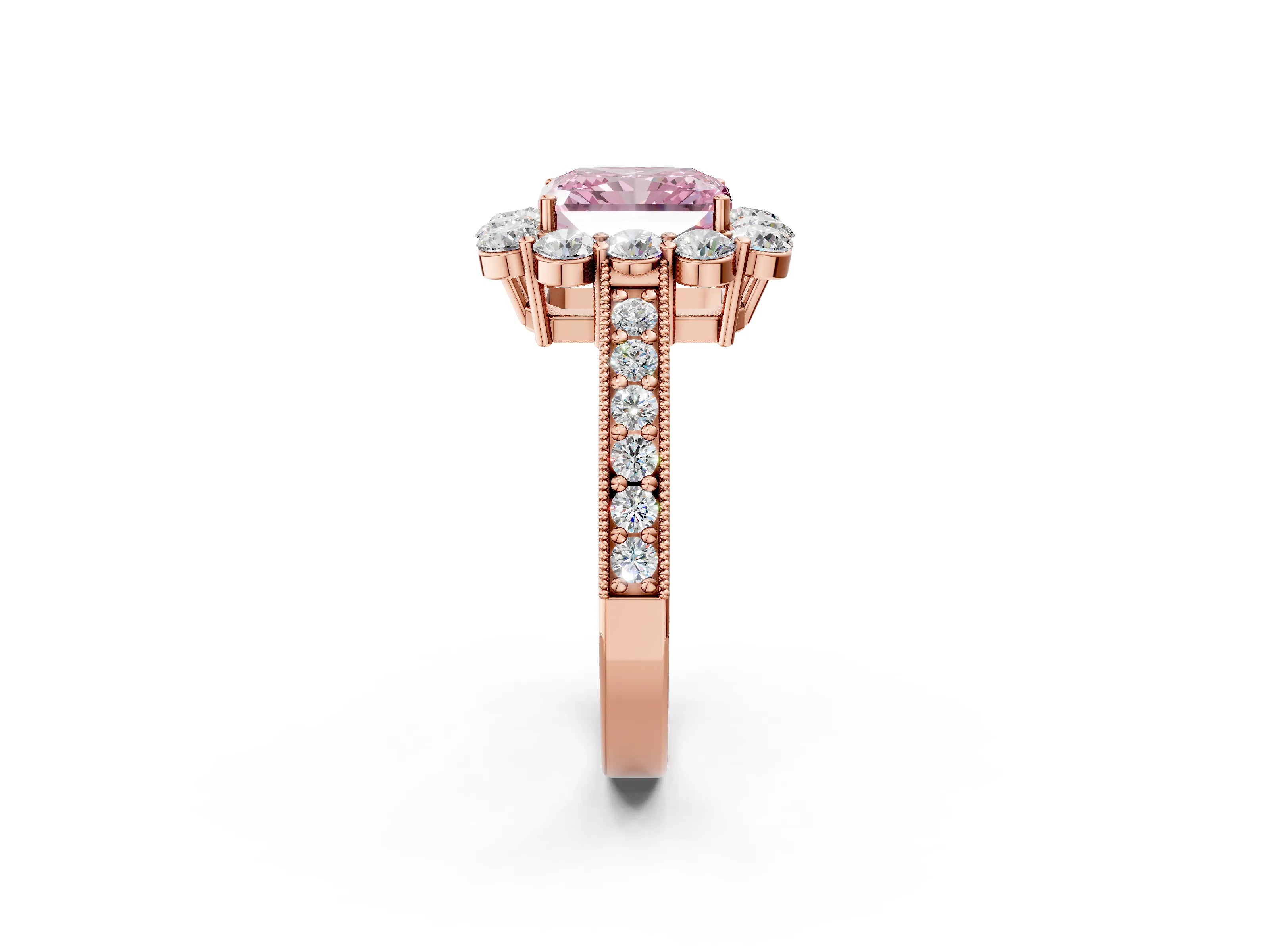 Rose gold Fancy Pink Radiant Cut Cut Halo Diamond Pavé Engagement Ring with Milgrain Detailing_2