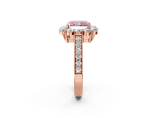 Rose gold Fancy Pink Radiant Cut Cut Halo Diamond Pavé Engagement Ring with Milgrain Detailing