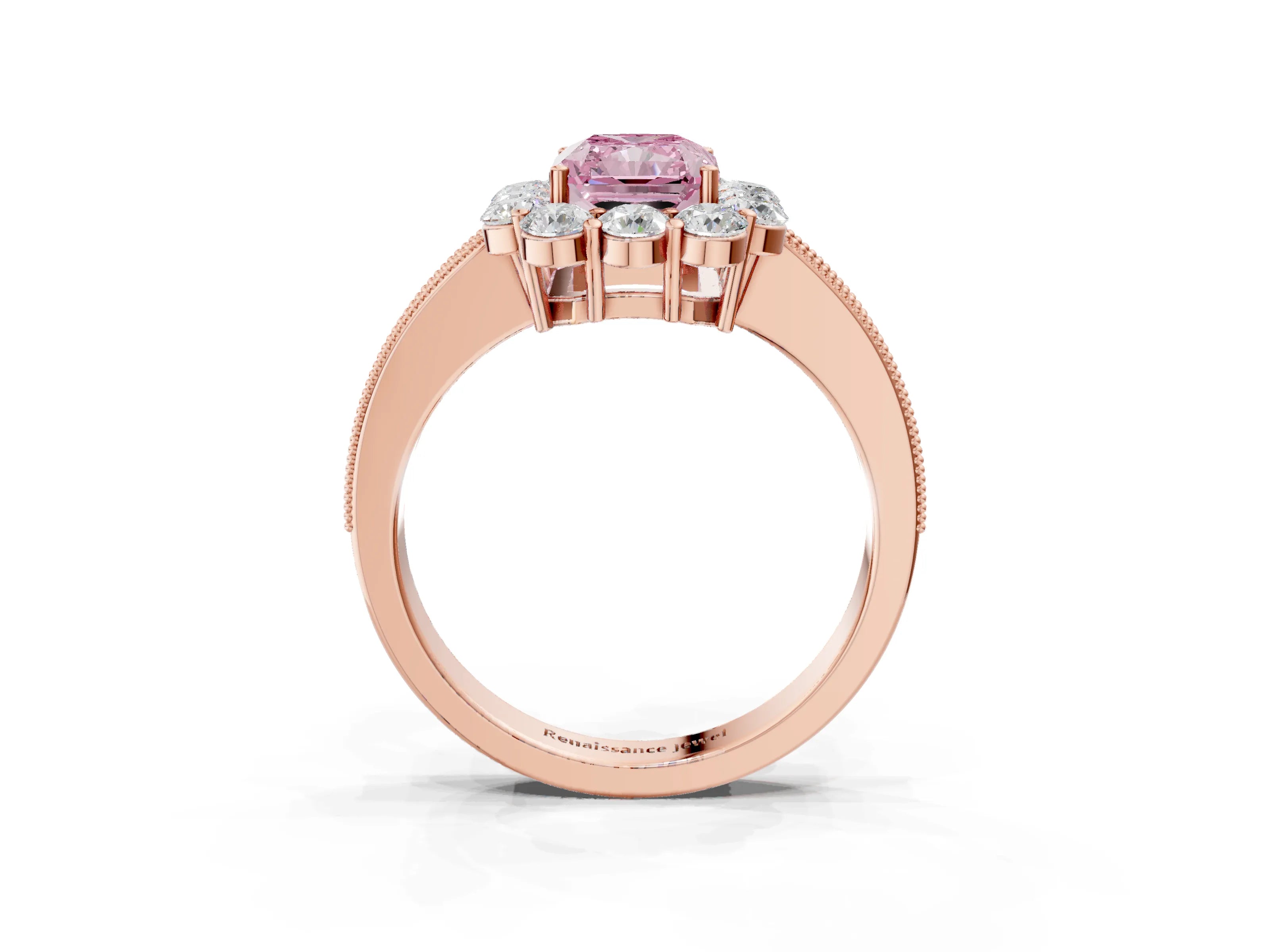 Rose gold Fancy Pink Radiant Cut Cut Halo Diamond Pavé Engagement Ring with Milgrain Detailing_3