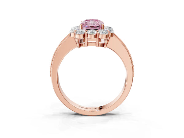Rose gold Fancy Pink Radiant Cut Cut Halo Diamond Pavé Engagement Ring with Milgrain Detailing