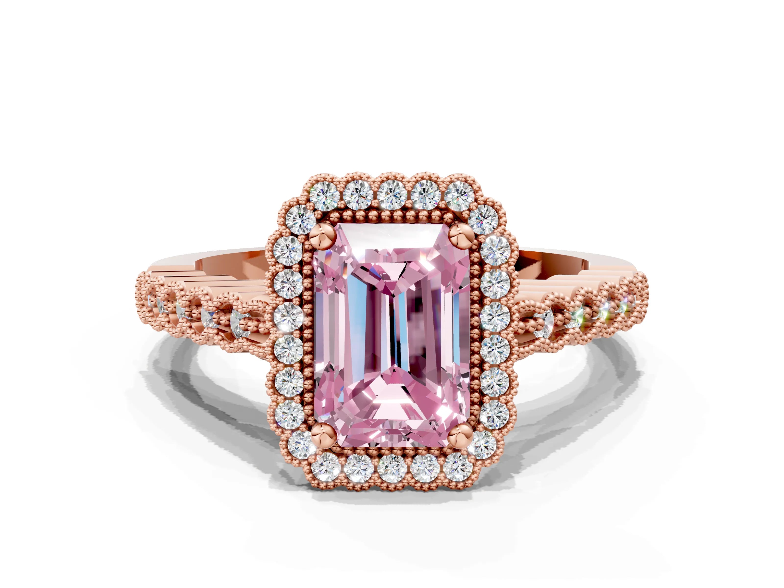 Rose gold Fancy Pink Radiant Cut Cut Halo Pavé Solitaire Ring with Milgrain Band