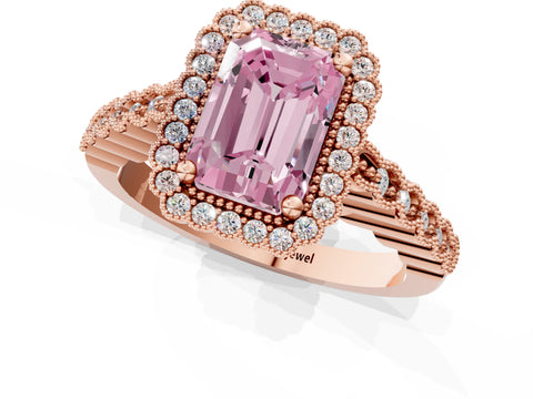 Rose gold Fancy Pink Radiant Cut Cut Halo Pavé Solitaire Ring with Milgrain Band_1