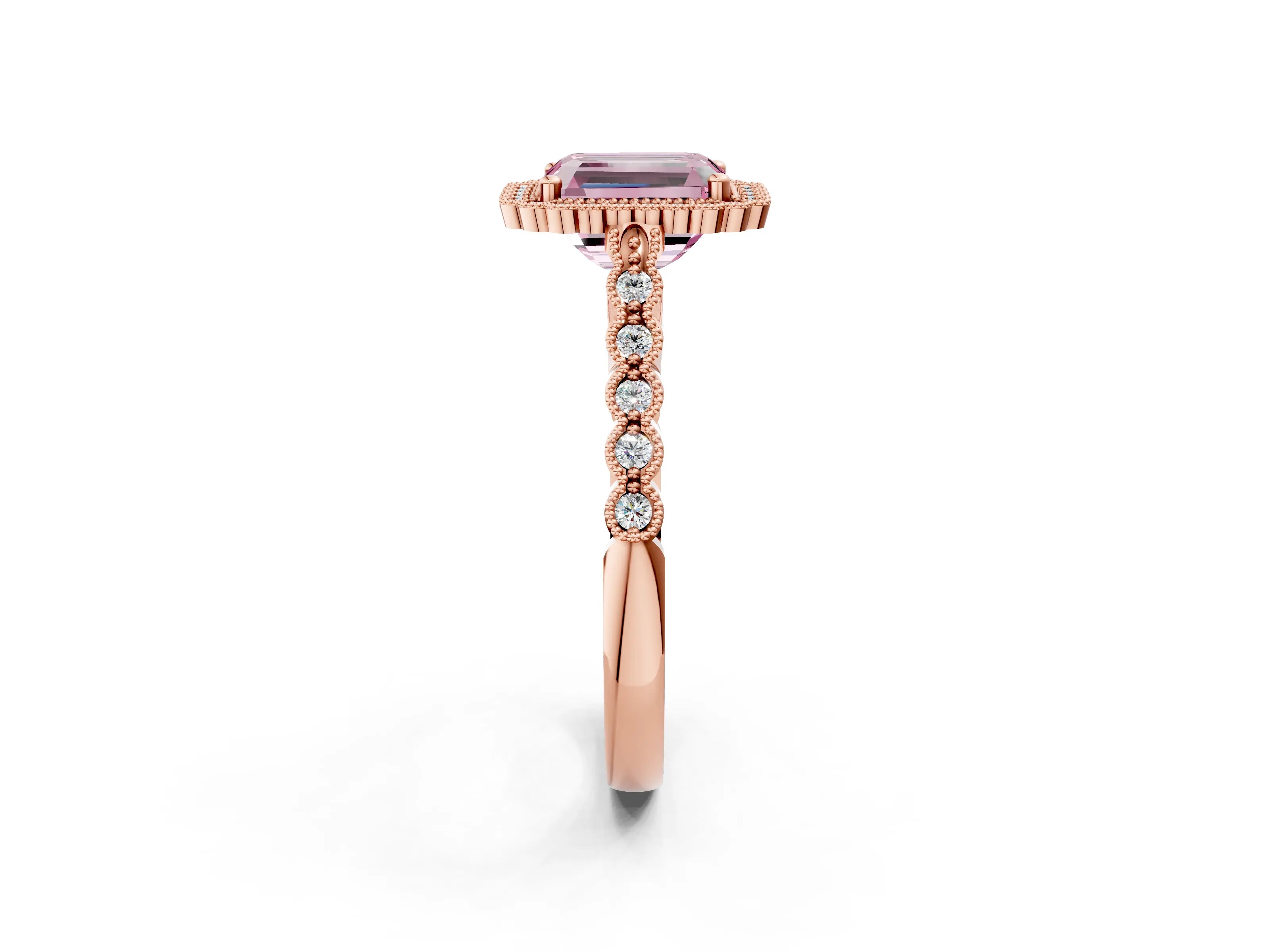 Rose gold Fancy Pink Radiant Cut Cut Halo Pavé Solitaire Ring with Milgrain Band_2