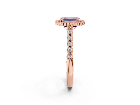 Rose gold Fancy Pink Radiant Cut Cut Halo Pavé Solitaire Ring with Milgrain Band_2