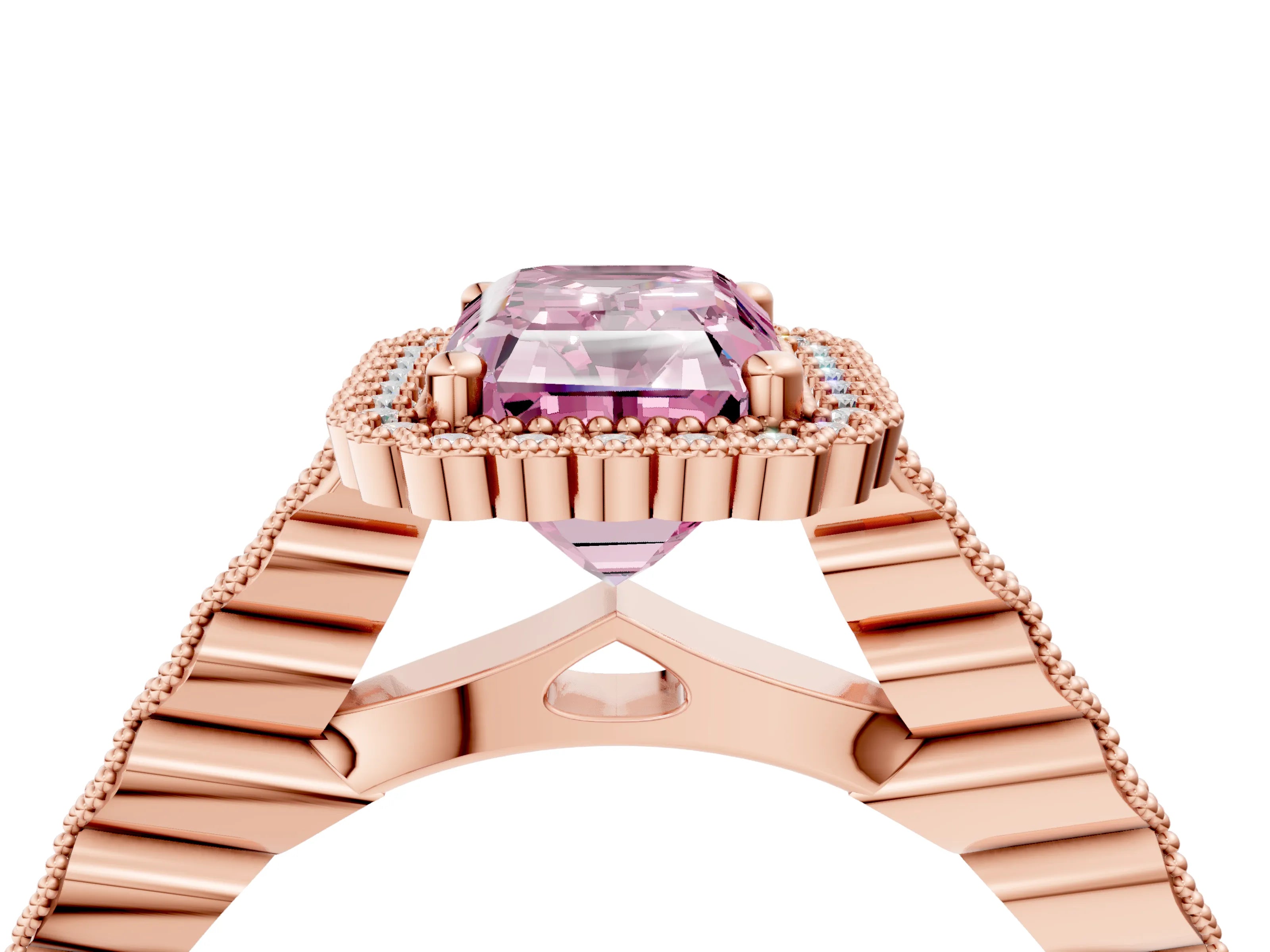 Rose gold Fancy Pink Radiant Cut Cut Halo Pavé Solitaire Ring with Milgrain Band_4